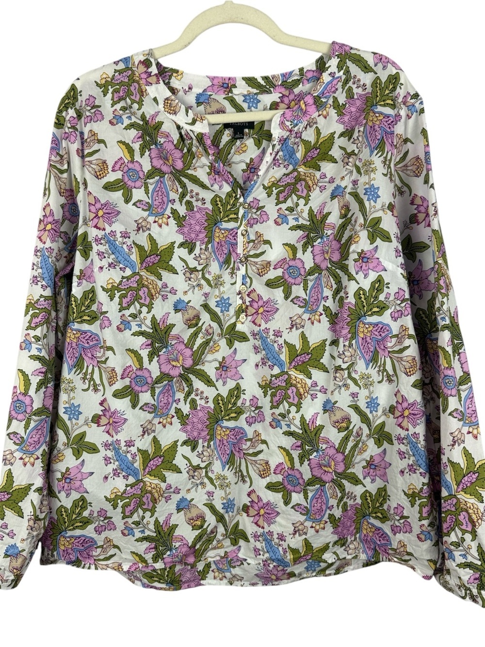 Talbots Floral Botanical Block Print Cotton Henley Blouse Size L Gold Buttons